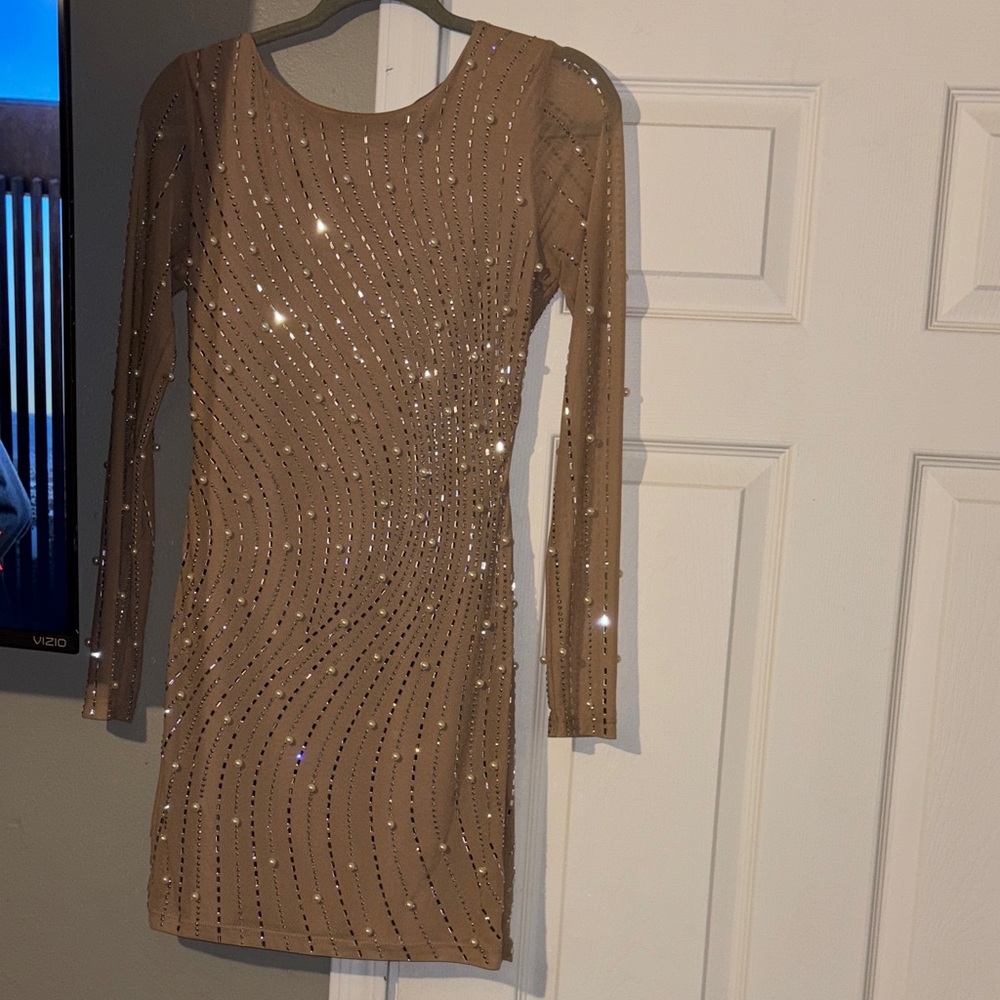 Vizio Tan Long Sleeve Sequin Dress